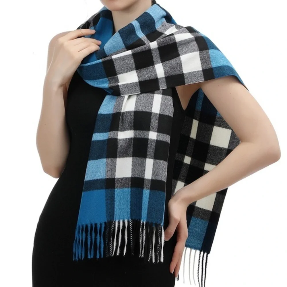 CASHMERE FEEL PLAID SCARF BLUE/WHITE